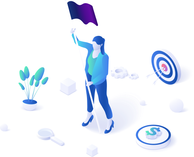 A person holding a flag amidst various symbolic objects including a target, dollar sign, and gears, representing achievement and financial goals.